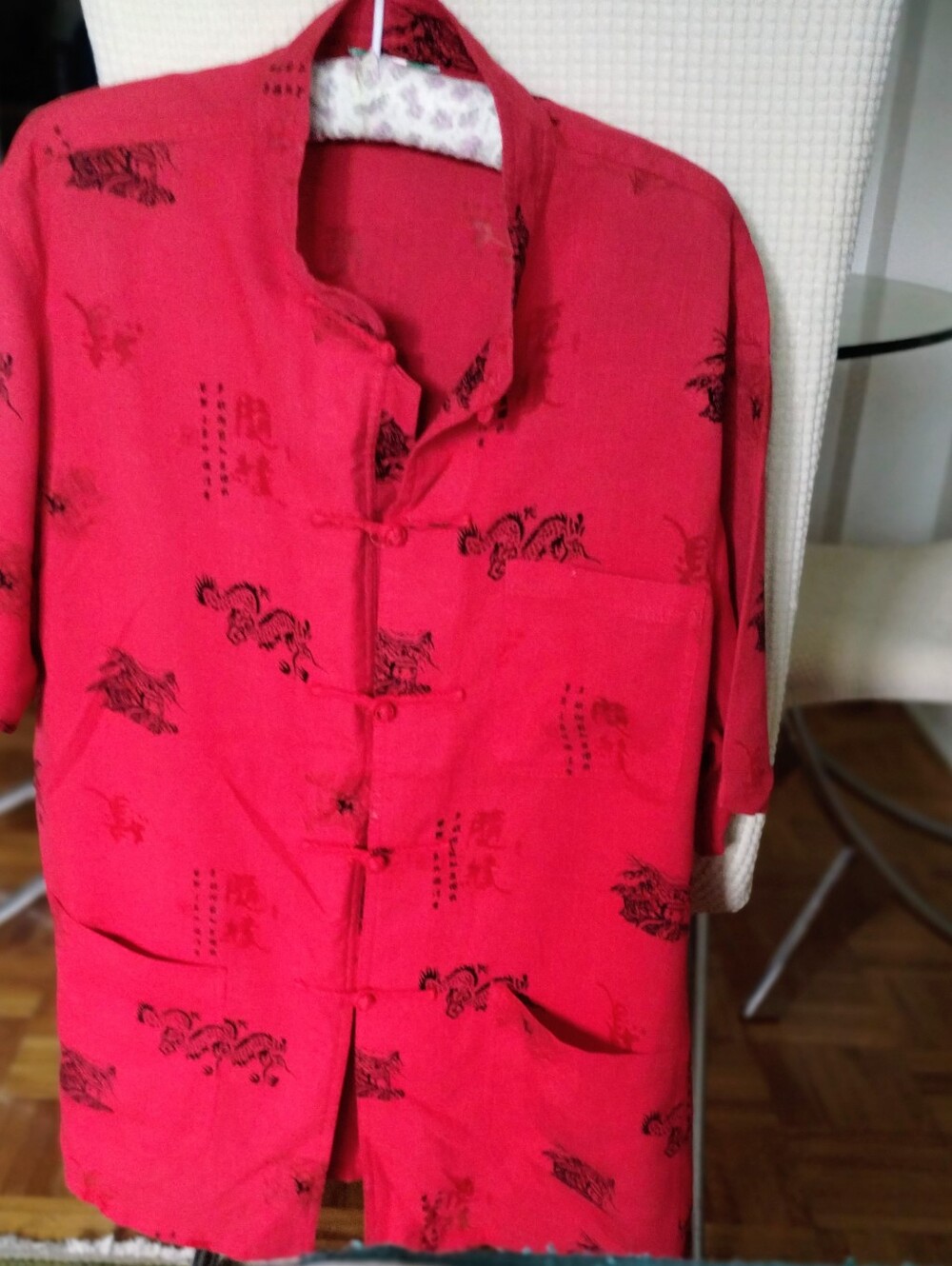 Red Mandarin Collar Button-Up Jacket with Black Print